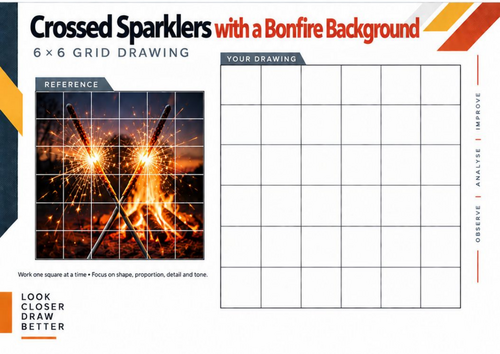 Crossed Sparklers with Bonfire Flames Grid Drawing Worksheet | KS3 & KS4 Art