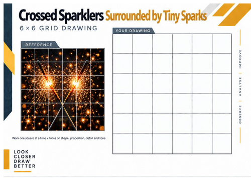 Crossed Sparklers Surrounded by Tiny Sparks Grid Drawing Worksheet | Bonfire Night