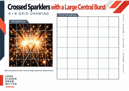 Crossed Sparklers with a Large Central Burst Grid Drawing Worksheet | KS3 & KS4