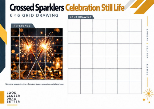 Crossed Sparklers Celebration Still Life Grid Drawing Worksheet | Bonfire Night Art