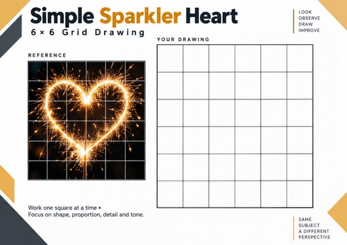 Simple Sparkler Heart Grid Drawing Worksheet – Bonfire Night Art | KS3 & KS4
