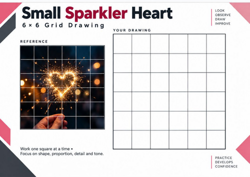 Small Sparkler Heart Grid Drawing Worksheet – Observational Drawing | KS3 & KS4