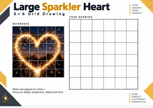 Large Sparkler Heart Grid Drawing Worksheet – Light and Contrast Art | KS3 & KS4