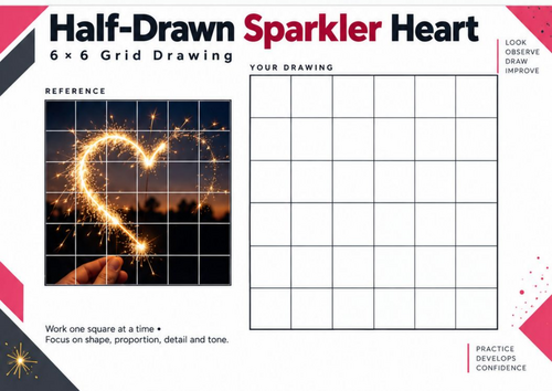 Half-Drawn Sparkler Heart Grid Drawing Worksheet – Creative Art Activity | KS3 & KS4