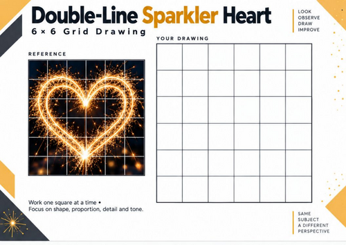 Double-Line Sparkler Heart Grid Drawing Worksheet – Observational Art | KS3 & KS4