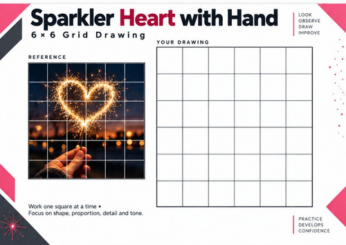Sparkler Heart with Hand Grid Drawing Worksheet – Bonfire Night Art | KS3 & KS4