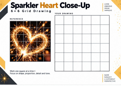 Sparkler Heart Close-Up Grid Drawing Worksheet – Light and Texture Art | KS3 & KS4