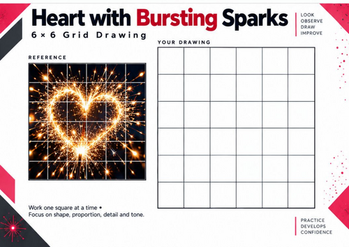 Heart with Bursting Sparks Grid Drawing Worksheet – Bonfire Night Art | KS3 & KS4