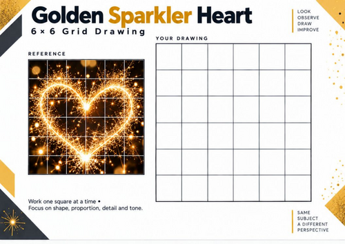 Golden Sparkler Heart Grid Drawing Worksheet – Tonal Drawing Art | KS3 & KS4