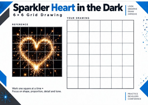 Sparkler Heart in the Dark Grid Drawing Worksheet – Light and Shadow Art | KS3 & KS4