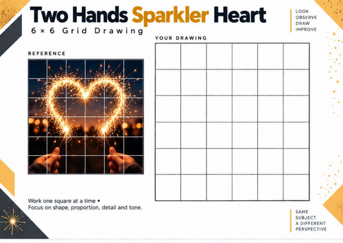 Two Hands Sparkler Heart Grid Drawing Worksheet – Observational Art | KS3 & KS4
