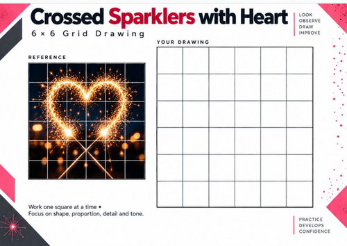 Crossed Sparklers with Heart Grid Drawing Worksheet – Bonfire Night Art | KS3 & KS4