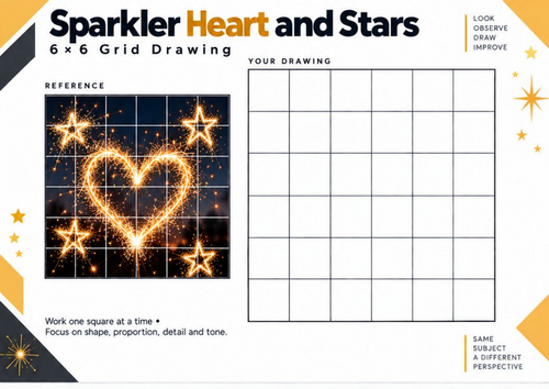 Sparkler Heart and Stars Grid Drawing Worksheet – Creative Art Activity | KS3 & KS4