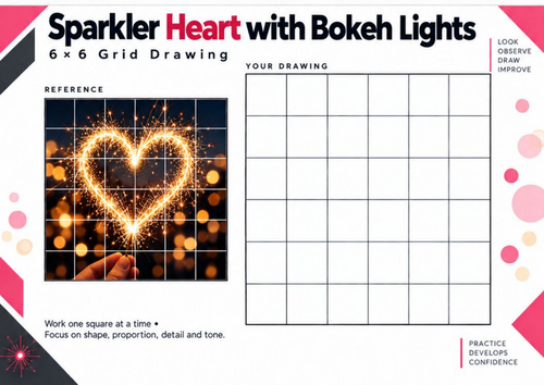 Sparkler Heart with Bokeh Lights Grid Drawing Worksheet – Photography Inspired Art | KS3 & KS4