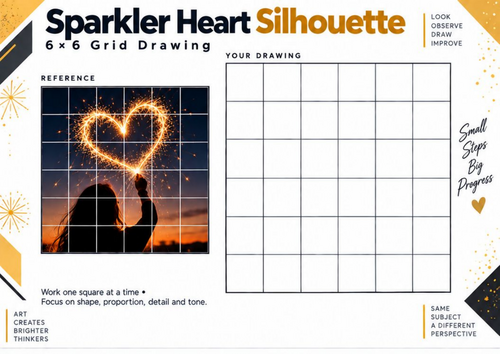 Sparkler Heart Silhouette Grid Drawing Worksheet – Light and Shadow Art | KS3 & KS4
