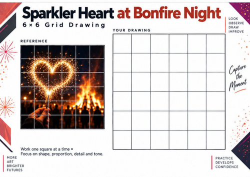 Sparkler Heart at Bonfire Night Grid Drawing Worksheet – Seasonal Art | KS3 & KS4