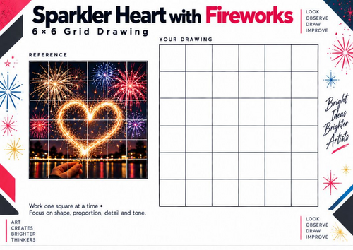 Sparkler Heart with Fireworks Grid Drawing Worksheet – Bonfire Night Art | KS3 & KS4