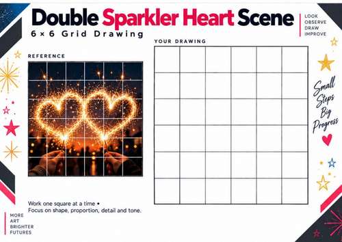 Double Sparkler Heart Scene Grid Drawing Worksheet – Observational Art | KS3 & KS4