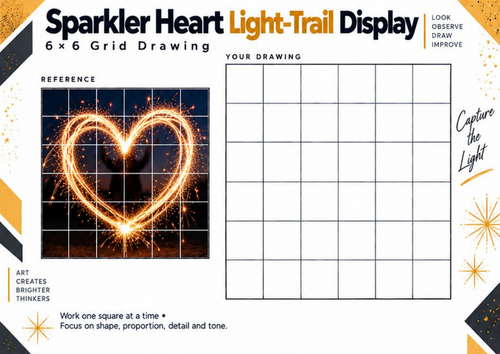 Sparkler Heart Light-Trail Display Grid Drawing Worksheet – Photography Art | KS3 & KS4