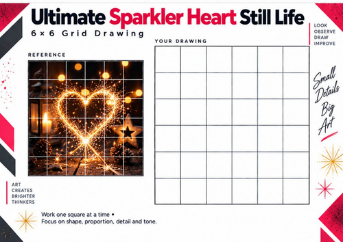 Ultimate Sparkler Heart Still Life Grid Drawing Worksheet – Detailed Art | KS3 & KS4
