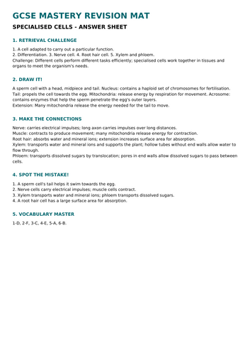 NEW WJEC (2026) GCSE Science - Specialised Cells Revision Mat