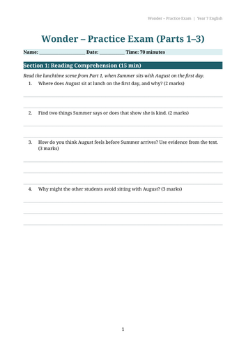 Wonder (R.J. Palacio) – Year 7 Assessment Paper | Reading, Writing & SPaG | Parts 1–3