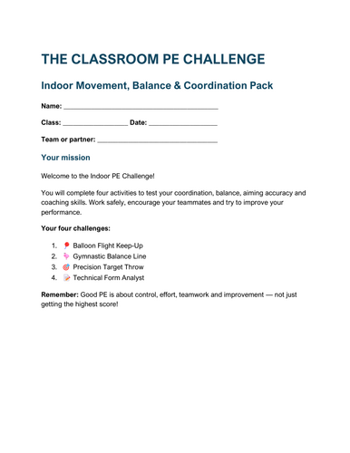 Indoor PE Challenge Pack: 4 Rainy-Day Games & Printable Score Sheets