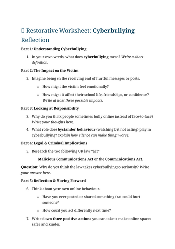 Reflective restorative worksheets (Pastoral/behaviour)