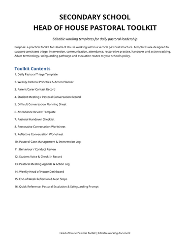 Head of house/head of year pastoral leadership toolkit