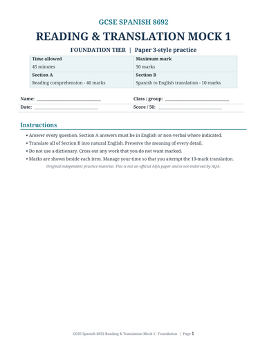 AQA GCSE Spanish 8692 Reading & Translation Mock Papers | 2 Foundation + 2 Higher | Mark Schemes
