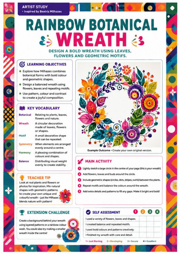 Beatriz Milhazes Artist Study | Rainbow Botanical Wreath | KS3 Art Worksheet