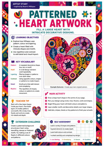 Beatriz Milhazes Artist Study | Patterned Heart Artwork | KS3 Art Worksheet
