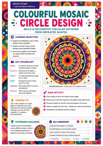Beatriz Milhazes Artist Study | Colourful Mosaic Circle Design | KS3 Art Worksheet