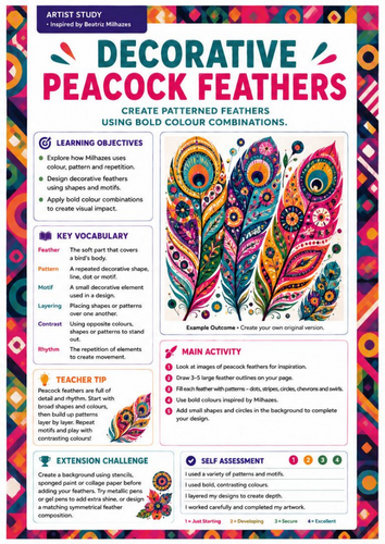Beatriz Milhazes Artist Study | Decorative Peacock Feathers | KS3 Art Worksheet