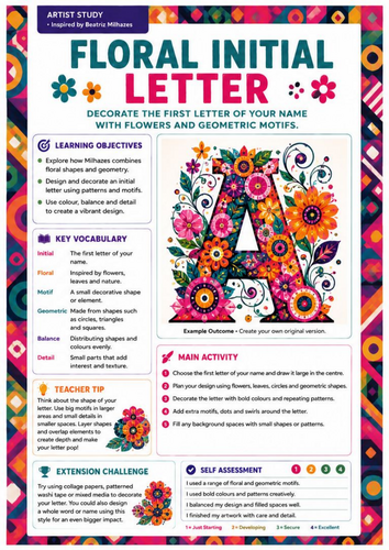 Beatriz Milhazes Artist Study | Floral Initial Letter | KS3 Art Worksheet