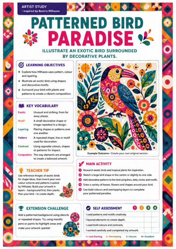 Beatriz Milhazes Artist Study | Patterned Bird Paradise | KS3 Art Worksheet