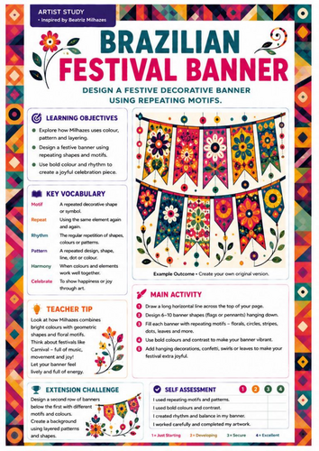 Beatriz Milhazes Artist Study | Brazilian Festival Banner | KS3 Art Worksheet