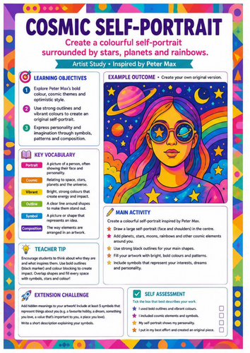 Peter Max Cosmic Self-Portrait Art Worksheet | Pop Art Portrait Drawing | KS3 Art