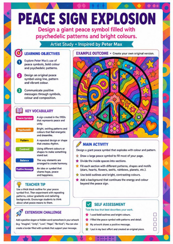 Peter Max Peace Sign Explosion Worksheet | Pop Art Pattern & Colour | KS3 Art