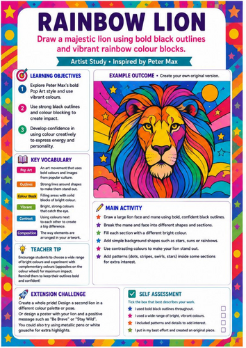 Peter Max Rainbow Lion Drawing Worksheet | Colourful Pop Art Animals | KS3 Art
