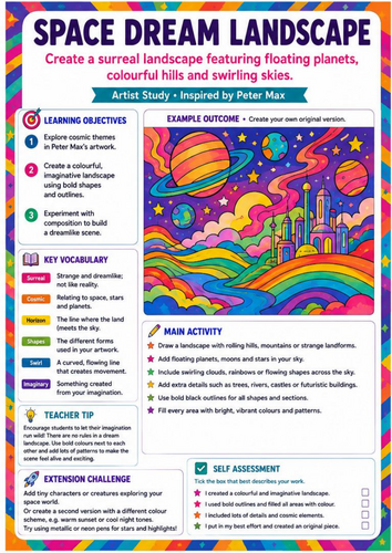 Peter Max Space Dream Landscape Worksheet | Surreal Cosmic Art | KS3 Drawing