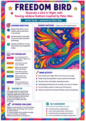 Peter Max Freedom Bird Art Worksheet | Colourful Bird Drawing | KS3 Pop Art