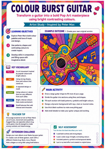 Peter Max Colour Burst Guitar Worksheet | Music-Inspired Pop Art | KS3 Art