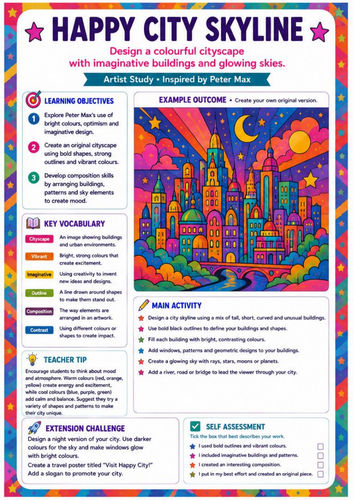 Peter Max Happy City Skyline Worksheet | Colourful Cityscape Drawing | KS3 Art
