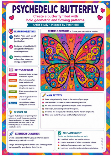 Peter Max Psychedelic Butterfly Worksheet | Pattern & Symmetry Art | KS3