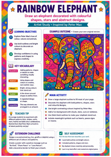 Peter Max Rainbow Elephant Worksheet | Colourful Animal Pop Art | KS3 Drawing
