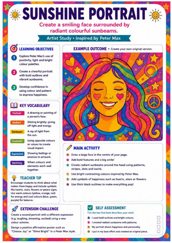 Peter Max Sunshine Portrait Worksheet | Colourful Pop Art Portraiture | KS3 Art