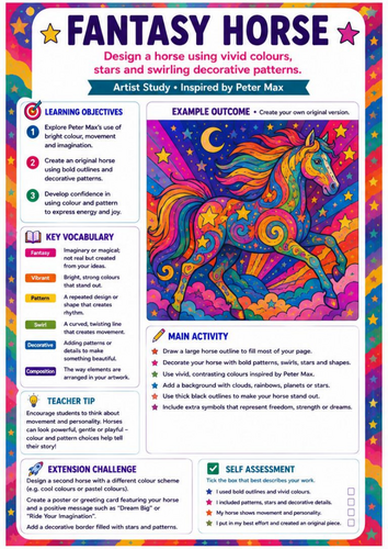 Peter Max Fantasy Horse Drawing Worksheet | Colourful Pop Art Animals | KS3