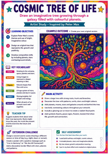 Peter Max Cosmic Tree of Life Worksheet | Symbolism & Colour | KS3 Art