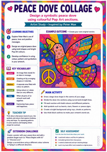 Peter Max Peace Dove Collage Worksheet | Pop Art Symbolism & Colour | KS3